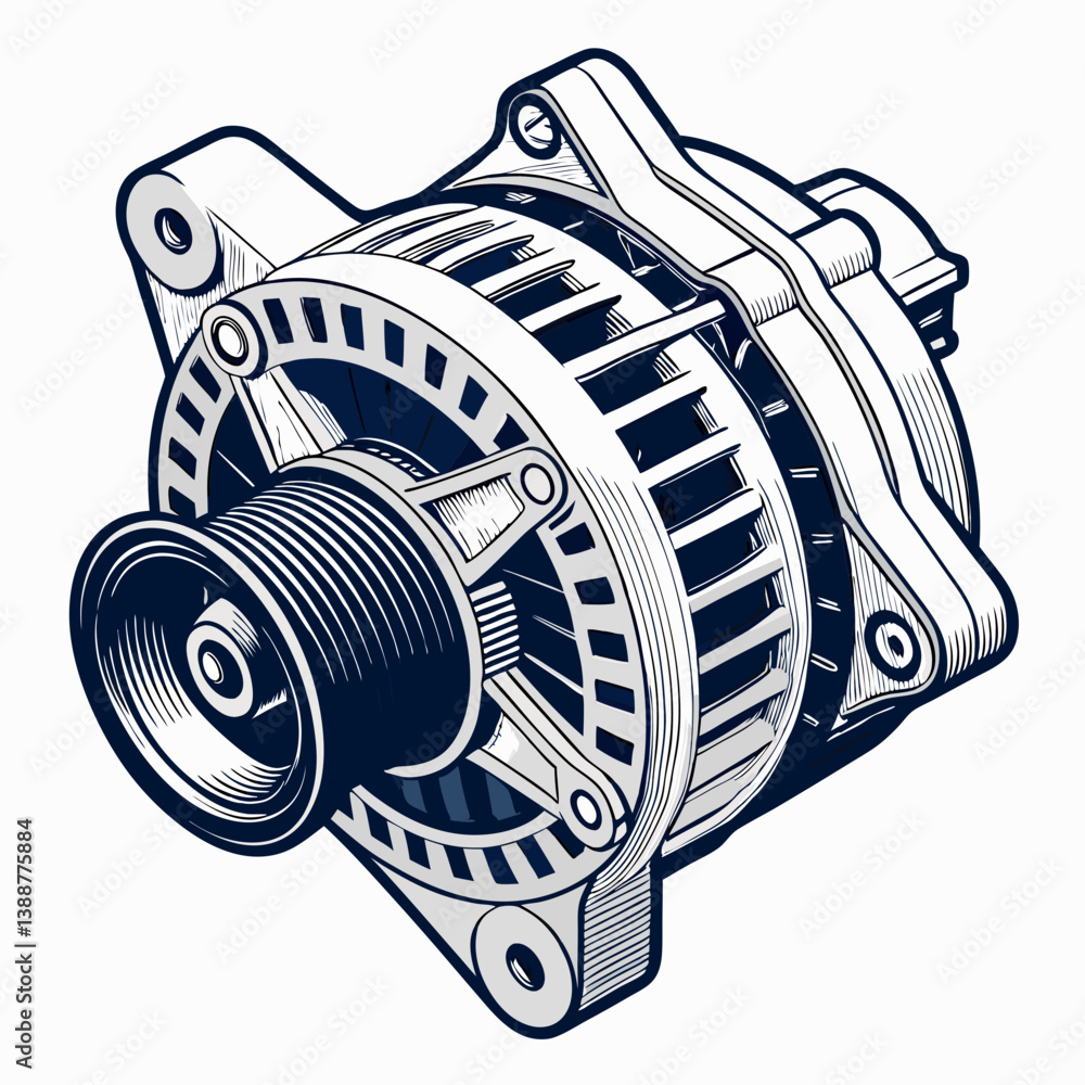 Poster create a bold vector illustration of an alternator with clearly defined pulley system. ensure strong