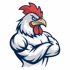 Create a vector illustration of a muscular rooster with bold black strokes, emphasizing strong features and a powerful pose.