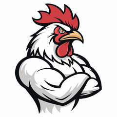 Create a bold, vector illustration of a muscular rooster, emphasizing strong lines and defined muscles.  Include detailed feather texture.