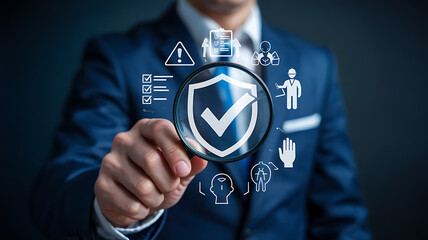 Compliance Check with Magnifying Glass, Business Security and Regulations, Risk Assessment, Quality Assurance, Audit, Man in Suit