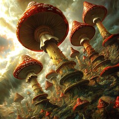 A fantastical forest with towering red capped mushrooms dominating the view