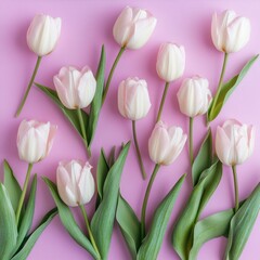 Obraz premium Elegant White Tulips on Pink Background Flat Lay