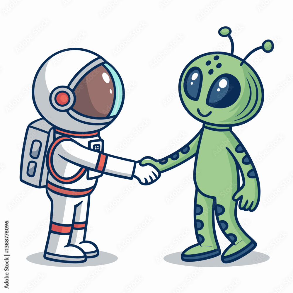Poster create a bold, vector illustration of an astronaut and an alien, emphasizing strong outlines and vib