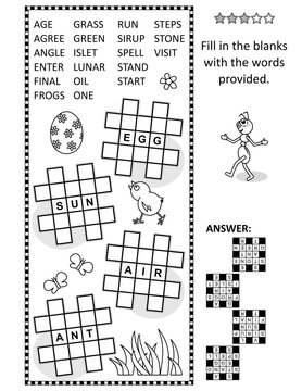 Word puzzle, or word game. Fill in the blanks of four small crossword grids with the words provided. Answer included.
