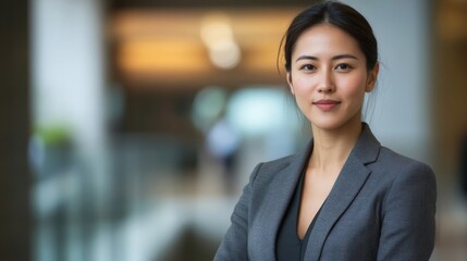 A diplomat in a charcoal gray blazer with an open expression and intentional posture presents a sense of openness while the gently blurred wall texture behind them hints at a modern