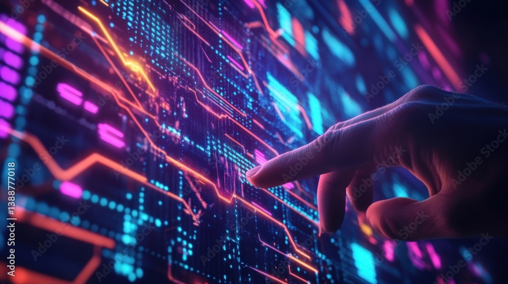Poster hand interacting with glowing futuristic interface composed of computer code or electronic circuit b