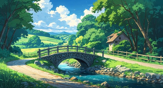 Scenic rural road with a small stone bridge crossing a creek anime cartoon style illustration artwork design background