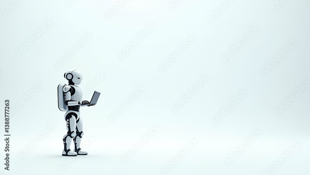 Poster flat wallpaper design emphasizing human robot collaboration with expansive empty space combined with