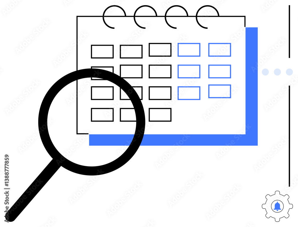 Poster magnifying glass over spiral calendar grid emphasizes focus on dates. highlight icons signify task m