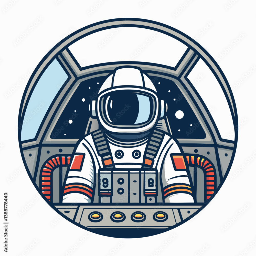 Poster create a bold vector illustration of an astronaut inside a large, circular frame, emphasizing strong