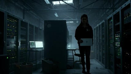 Exploring a dimly lit data center with a lone programmer engaged in coding amidst rows of servers