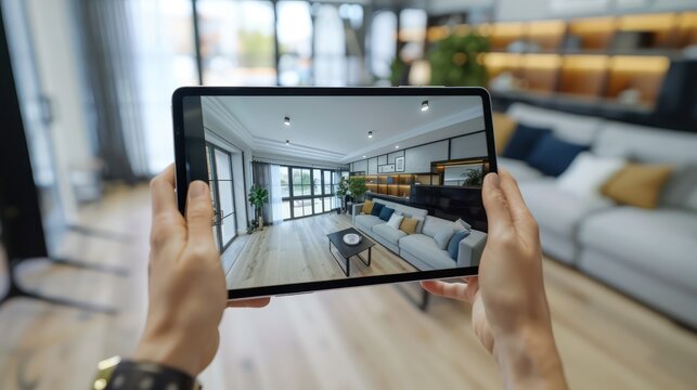 A real estate agent giving a virtual tour of a new home to potential buyers using a tablet, highlighting key features and amenities.