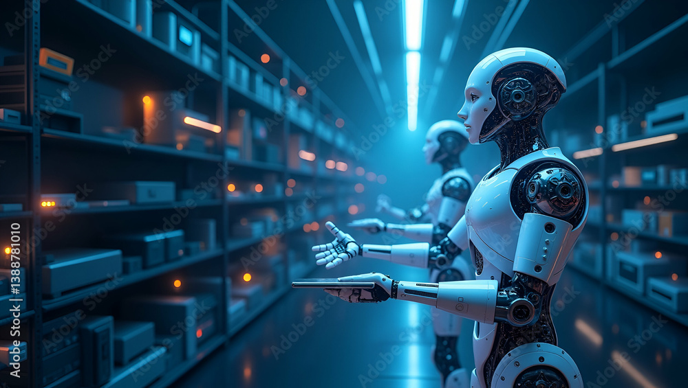 Poster futuristic wallpaper design: deep learning robotics in expansive space - premium digital renderings 