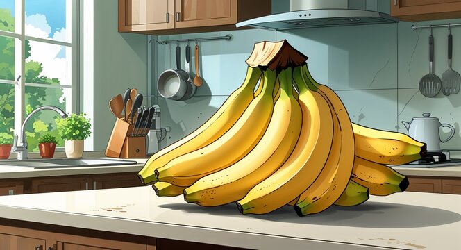 A bunch of bananas resting on a kitchen counter healthy food anime cartoon style illustration artwork design background