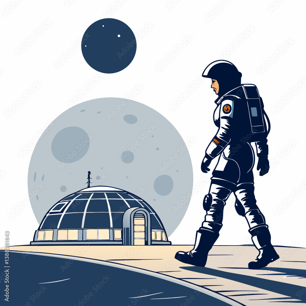 Poster create a vector illustration of a bold-stroked astronaut walking on a desolate planet surface. ensur