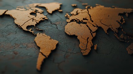 A textured, artistic representation of a world map in bronze tones on a dark background, highlighting geographical features with an aged look.