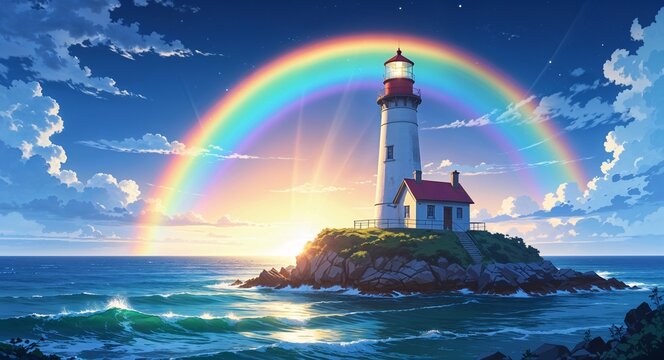 A faint rainbow appearing over a lighthouse with the ocean in the background anime cartoon style illustration artwork design background