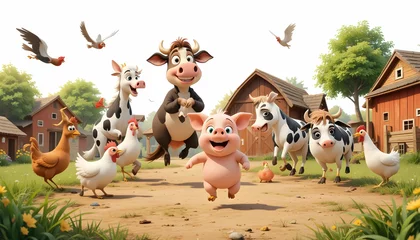 Fototapete Cartoon Farm Animals Play Together at Farmyard with Rustic Barns © Hype