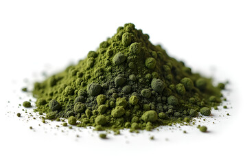Photorealistic macro shot of pure spirulina powder, vibrant emerald rosy-red, raw and finely milled, arranged in a small heap, clean white background, studio product photography, perfect for packaging