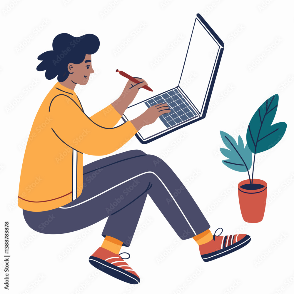 Poster create a bold vector illustration of a person meticulously editing content on a computer screen. foc