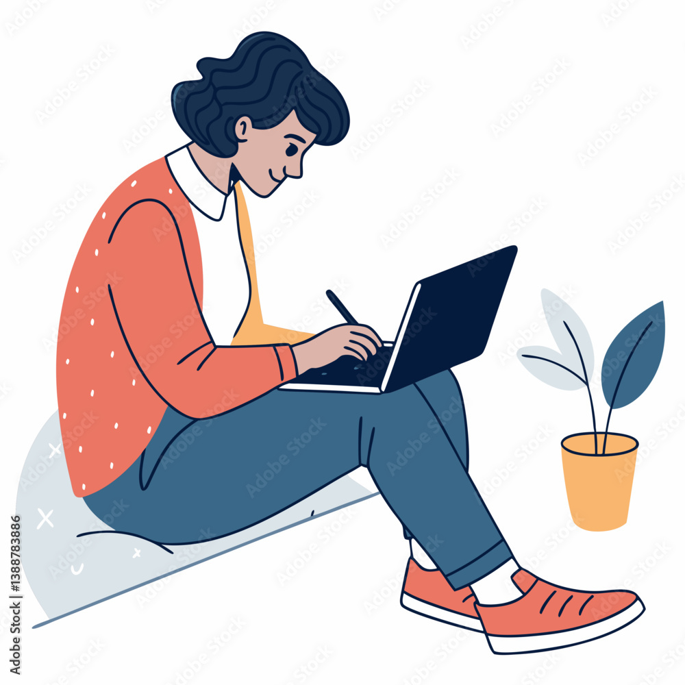 Poster create a bold vector illustration of a person actively editing content on a digital device, emphasiz