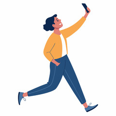 Create a bold vector illustration of a person taking a selfie, emphasizing strong outlines and vibrant color.  Focus on a dynamic pose.