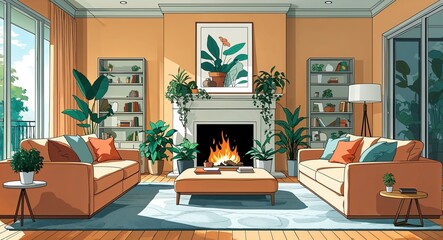 Fototapeta premium Large living room with soft sofas and a fireplace decorated with plants anime cartoon style illustration artwork design background