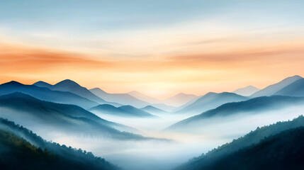 Obraz premium watercolor painting of misty mountains at sunrise, with layers of blue and orange hues creating serene and tranquil atmosphere. soft gradients and gentle light evoke sense of peace