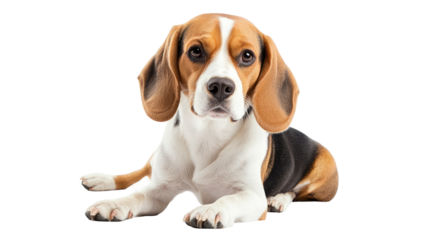 Beagle resting, looking directly at viewer