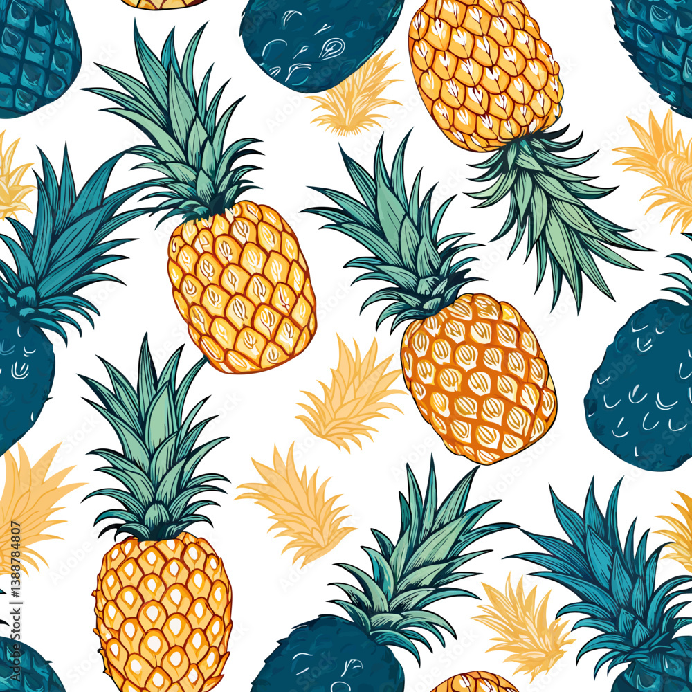 Poster create a bold vector illustration of a repeating pineapple pattern featuring thick, black strokes. t