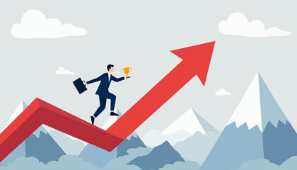Businessperson Climbing Arrow Graph with Trophy Success