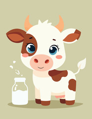 Obraz premium Cartoon Cow with Milk Bottle on Beige Background