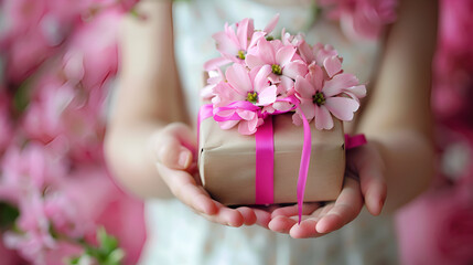 Pink Flowers & Gift: Present Giving, Celebration, and Springtime Delight