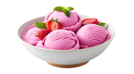 Realistic Photo of Pink Ice Cream Dessert with Strawberries and Mint on Bowl