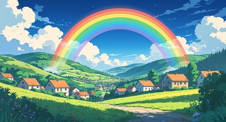 Obraz premium Rainbow above a quiet village with rolling hills anime cartoon style illustration artwork design background