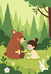 Cartoon Girl Offers Flower to Bear in Forest with Bunny