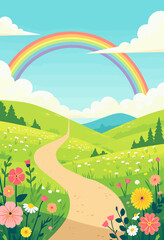 Cartoon Landscape with Rainbow and Flower Meadow Path