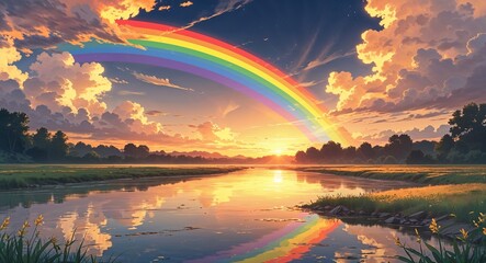 Rainbow stretching across a golden sunset sky over a calm river anime cartoon style illustration artwork design background