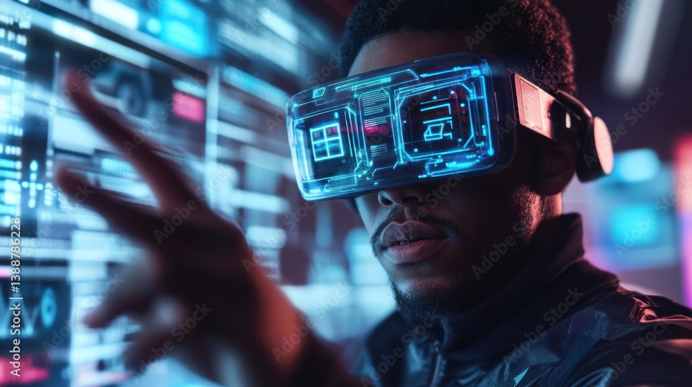 Poster man using futuristic virtual reality headset with glowing digital interface