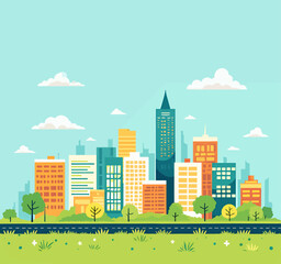 Colorful Cityscape with Green Meadow and Blue Sky