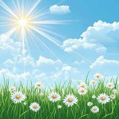 Bright sunny day over a field of daisies and green grass