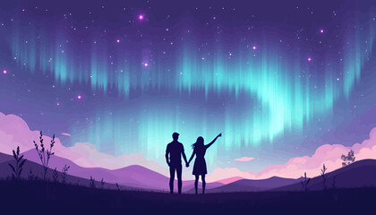 Fototapeta premium Couple Gazing at Aurora Borealis, Night Sky Art