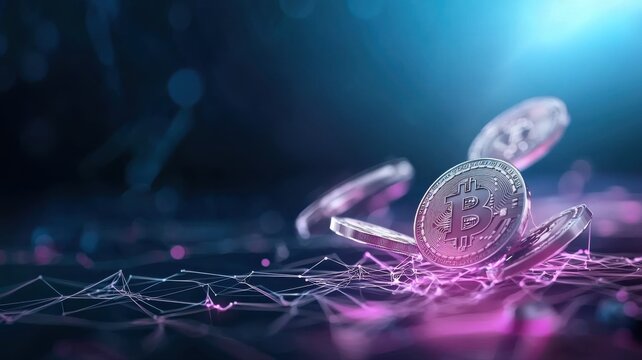 Digital cryptocurrency coins with futuristic neon lighting on a network grid.
