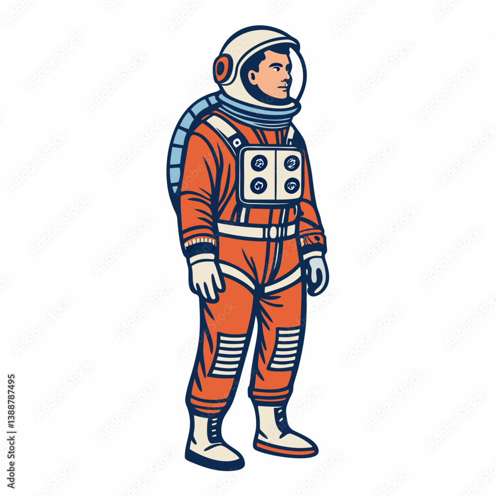 Poster create a bold, vector illustration of a retro-style astronaut, emphasizing strong outlines and vibra