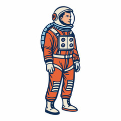 Create a bold, vector illustration of a retro-style astronaut, emphasizing strong outlines and vibrant color.  Include a helmet and spacesuit details.