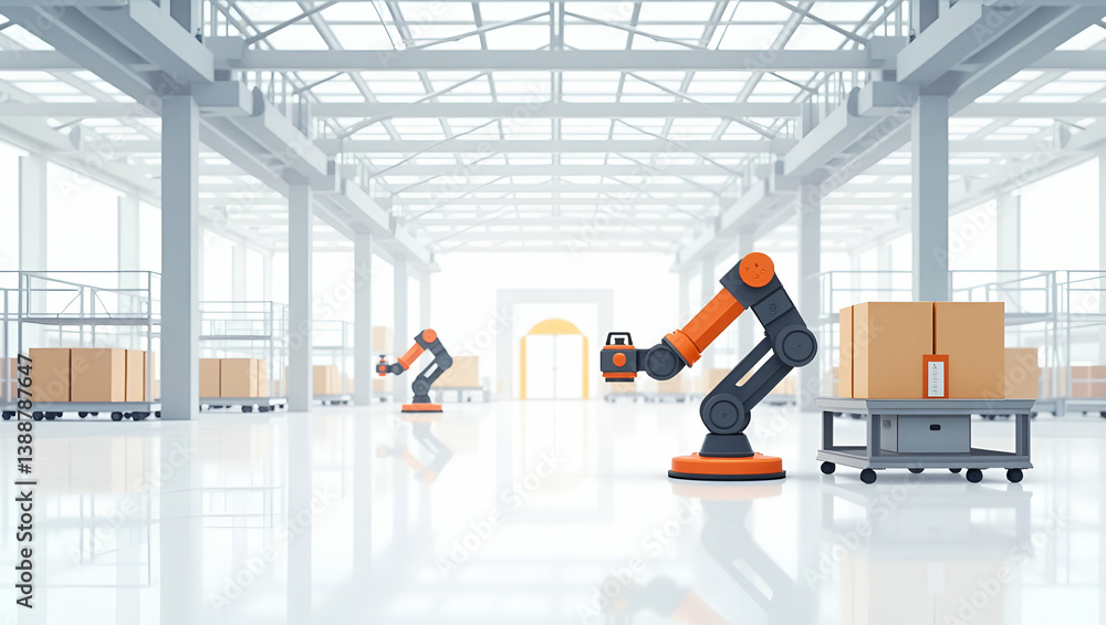 Poster futuristic flat wallpaper design: warehouse picking robots in expansive space - innovative automated