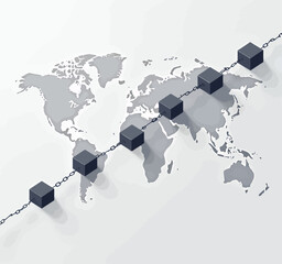 Global blockchain network with chain and cubes on world map