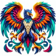 Fototapeta premium Spectacular Colorful Harpy Emblem in Intricate Paper Art Style on White Backdrop