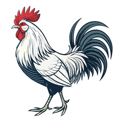 Create a bold, vector illustration of a rooster with sharp, defined features and strong, thick strokes.  Emphasis on detail and vibrant color.