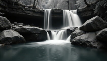 Black and white photo, layered waterfall on still water, texture, overlay, element